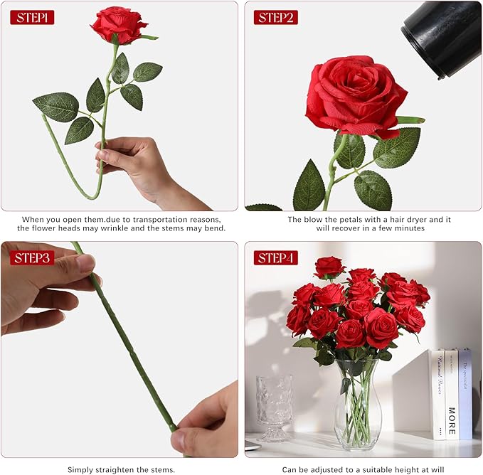 Tifuly 12 Pcs Red Roses Artificial Flowers,Realistic Long Stem Fake Silk Roses Bouquet for Party Home Wedding Centerpiece Office Decor