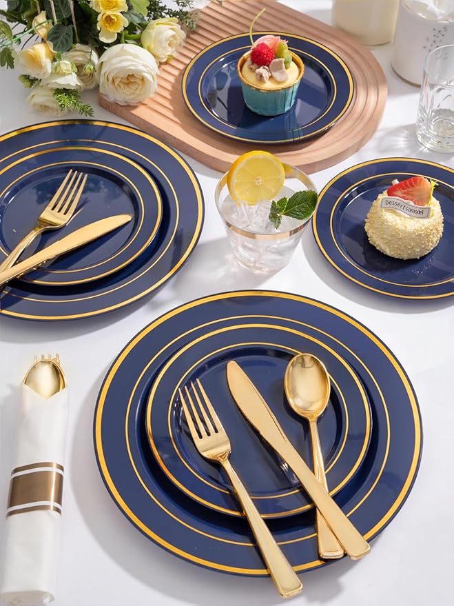 350PCS Blue and Gold Plastic Plates - Navy Blue Plastic Plates with Rolled Napkins - Include 25 Dinner Plate 10’’, 25 Dessert Plate 7’’, 25 gold Cups 9 OZ, 25 Pre Rolled Napkins for Party/Wedding
