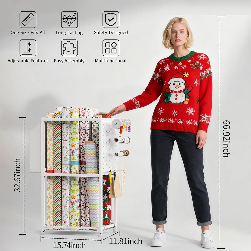 Wrapping Paper Organizer with Wheels, Metal Gift Wrap Storage Cart, Vertical Craft Organizer with 16 Slap Bands for Wrapping Paper Rolls, Wrapping Supplies Storage