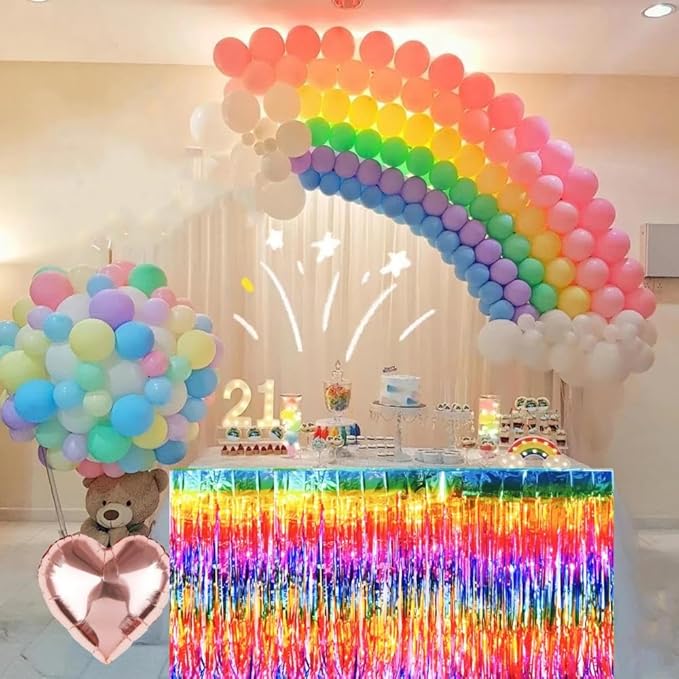 Rainbow Streamers Party Decorations, 2 Packs Gradient Rainbow Table Skirts Metallic Foil Fringe Tinsel for Birthday Unicorn Pride Gay Fiesta Graduation Float Parade Party Supplies - 29x108 Inch