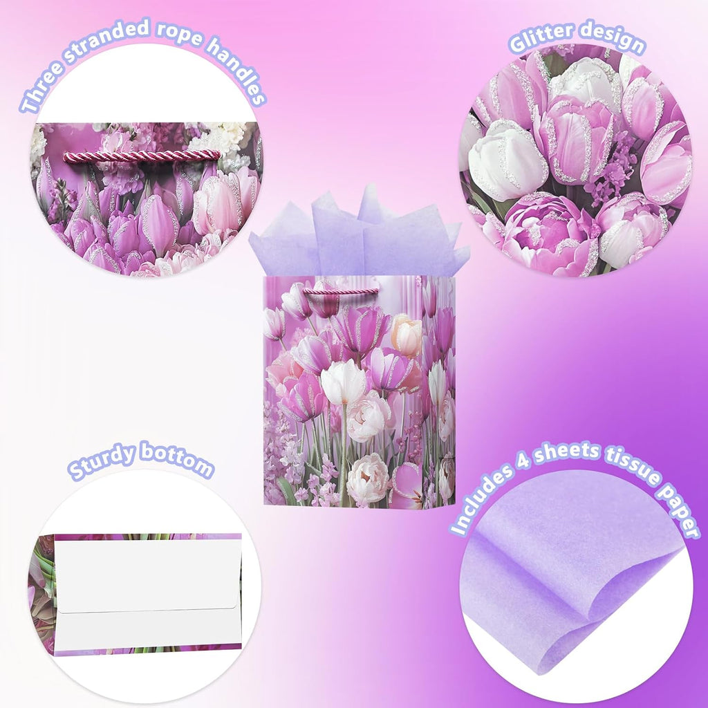 OFIHANLY 4 Pack 9" Small Size Floral Gift Bag with Handles for Women Birthday Purple Tulip Paper Gift Wrap Bags with Tissue Paper for Happy Mother's Day, New Mom, Grandma