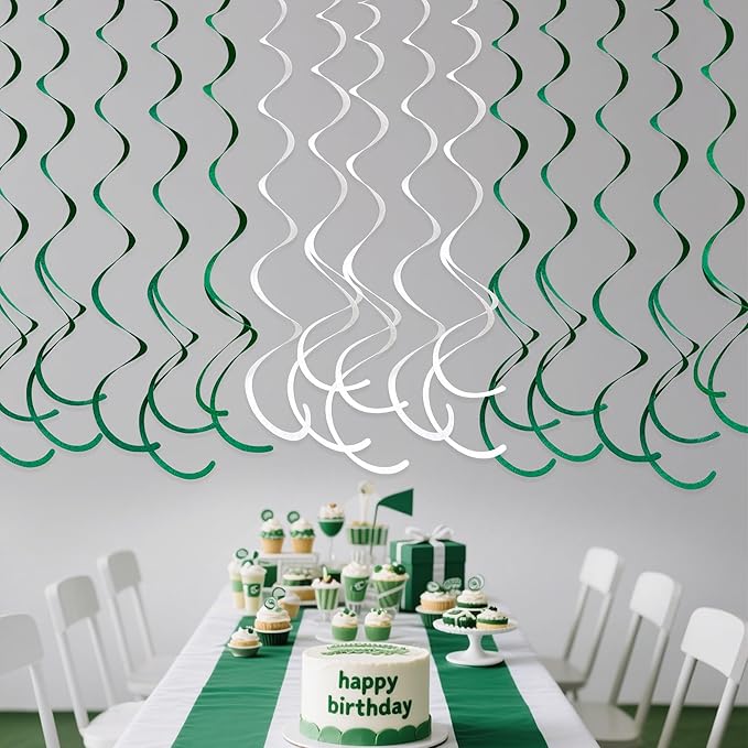 36 Pcs Green White Hanging Swirl Decorations Felt Swirl Streamer Spiral Ceiling Garland for Birthday Graduation Wedding Retirement Baby Shower Spring Summer Christmas Masters Golf Party Decor Supplies