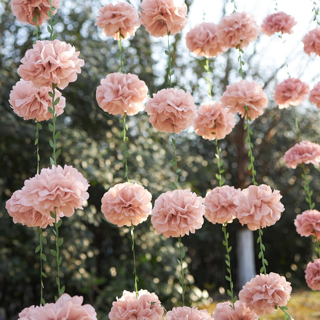 Pink Tissue Paper Pom Pom Garlands, Paper Flowers for Birthday Decorations, Baby Shower, Wedding Engagement, Bridal Shower, Spring Summer Party Decorations, 2 Pcs