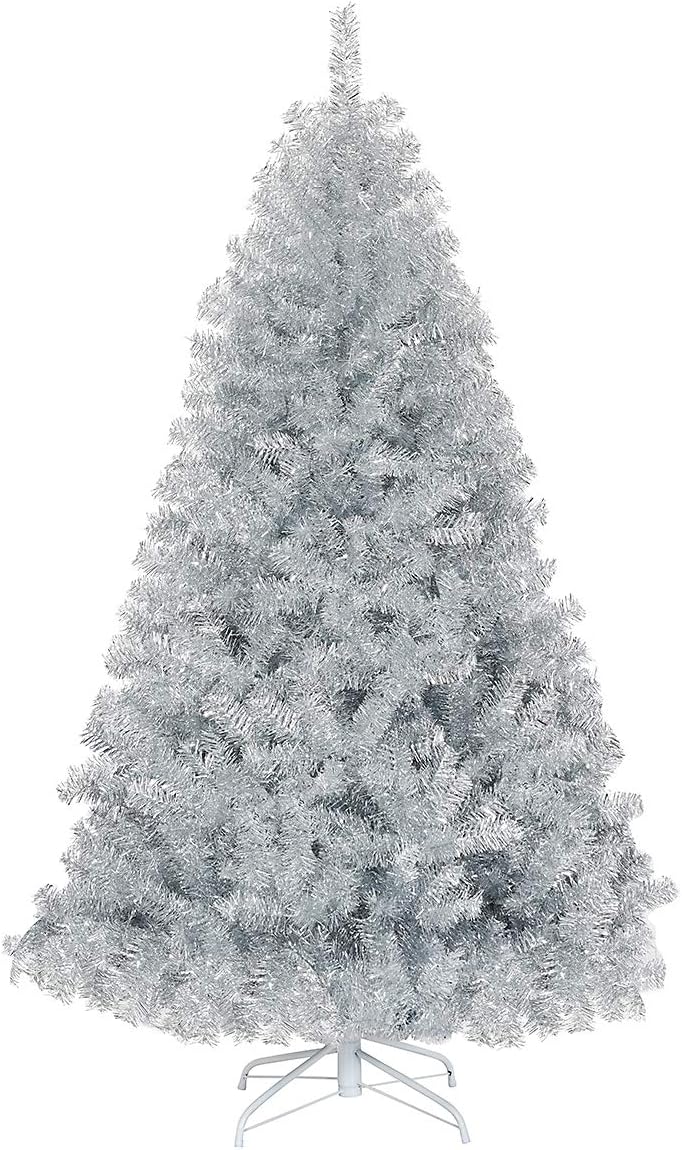 goplus 6ft sliver artificial christmas tree with electroplated, main product view