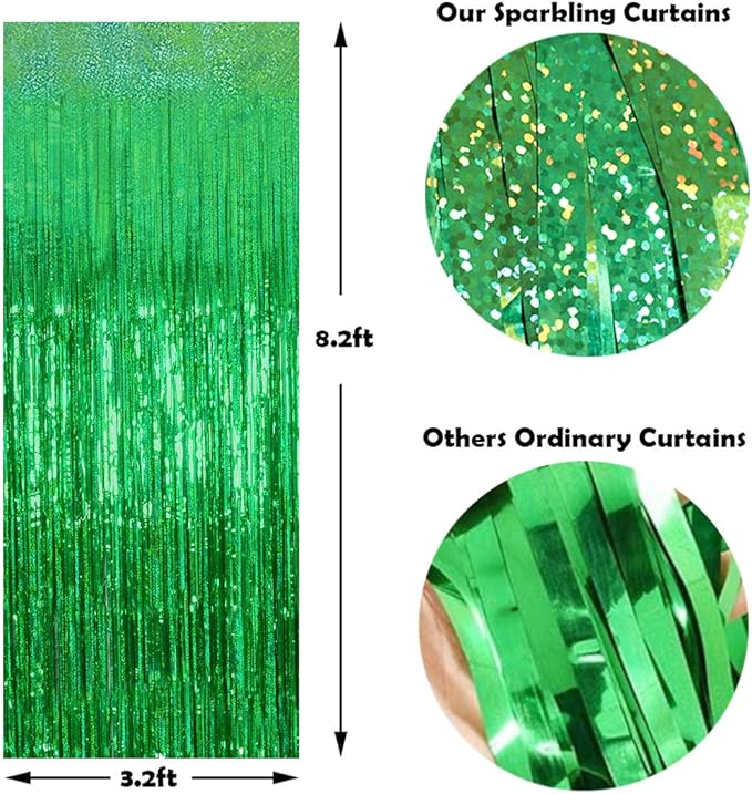 Foil Fringe Curtains April fool's Day Decorations - Melsan 3 Pack 3.2 x 8.2 ft Green Tinsel Curtain Party Photo Backdrop for Birthday Party Baby Shower or Graduation Decorations