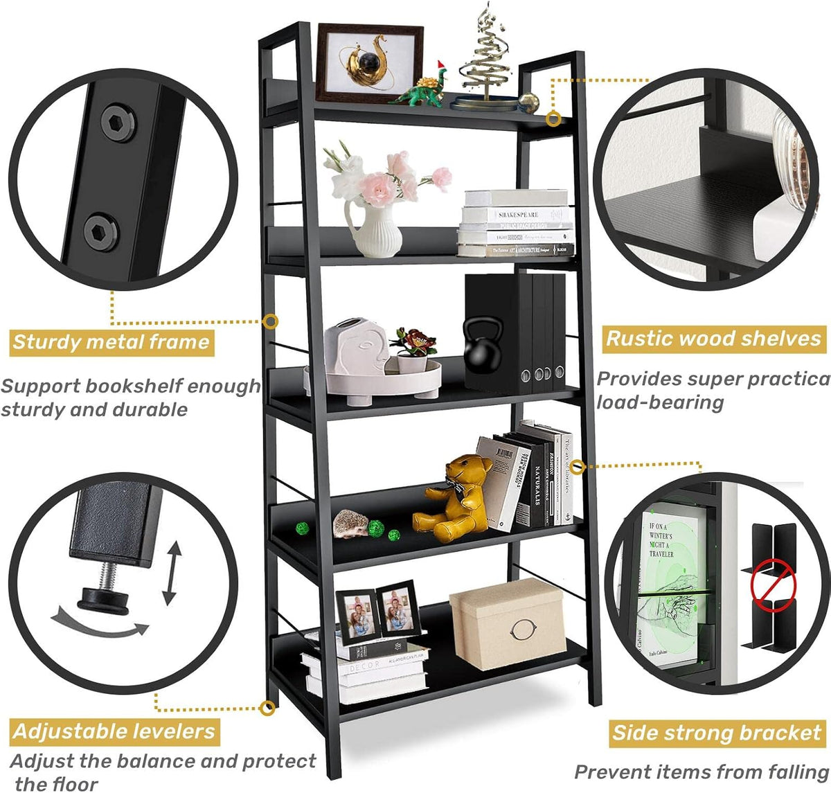 industrial bookshelf,ladder shelf 5 tier large bookcases floor showing dimensions