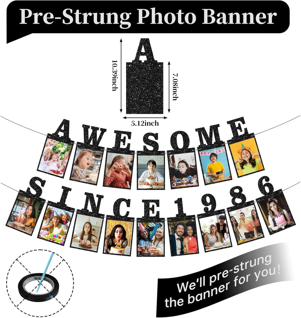 Pre-strung Awesome Since 1986 Photo Banner Birthday Decorations for Women Men - Black Glitter 40th Birthday and Anniversary Decorations Party Supplies