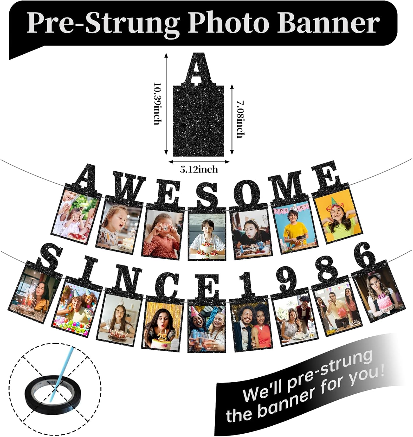 Pre-strung Awesome Since 1986 Photo Banner Birthday Decorations for Women Men - Black Glitter 40th Birthday and Anniversary Decorations Party Supplies