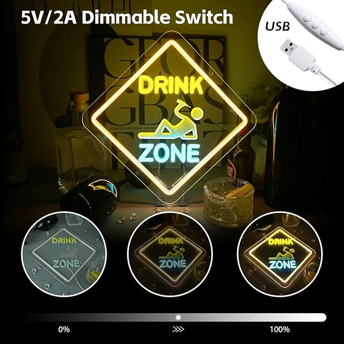 Looklight Drink Zone Neon Sign Dimmale Neon Signs For Wall Decor Led Lights For Bar Man Cave Club Party Bedrooom Decoration USB Powered 12.6x12.6in