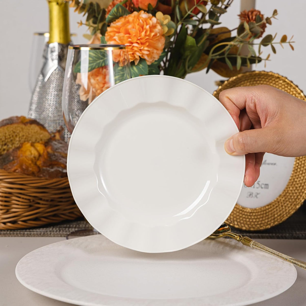 72 Pack Ivory Plastic Plates, 7" Disposable Wave Edge Dessert Plates