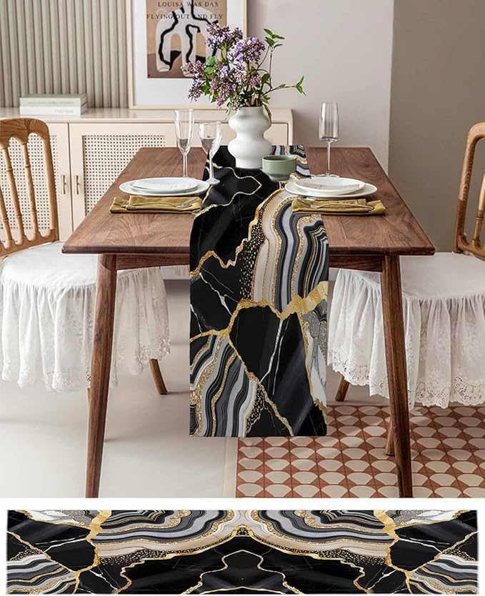 Geometric Black Marble Cotton Linen Table Runner for Dining Kitchen, Wedding Outdoor Party Tablerunners Decoration, Farm Marble Liquid Ripple Abstract Dresser Scarf Coffee Tablecloth Runners 13''x90''