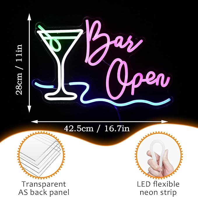 Bar Open Neon Sign Dimmable LED Cocktail Neon Lights Signs for Wall Decor Open Neon Light Bar Sign for Business Pub Store Man Cave Party Club Restaurant Decor