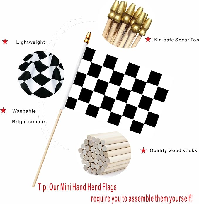 20 Pack Checkered Black and White Racing Mini Stick Flags Small Miniature Handheld Race Car Flag Decorations,5x8 Inch