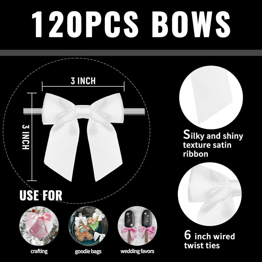 Rainbow Pana 120 Pack Twist Tie Bows for Treat Bags 3" White Satin Ribbon Bows for Package Craft Gift Wrapping Decoration
