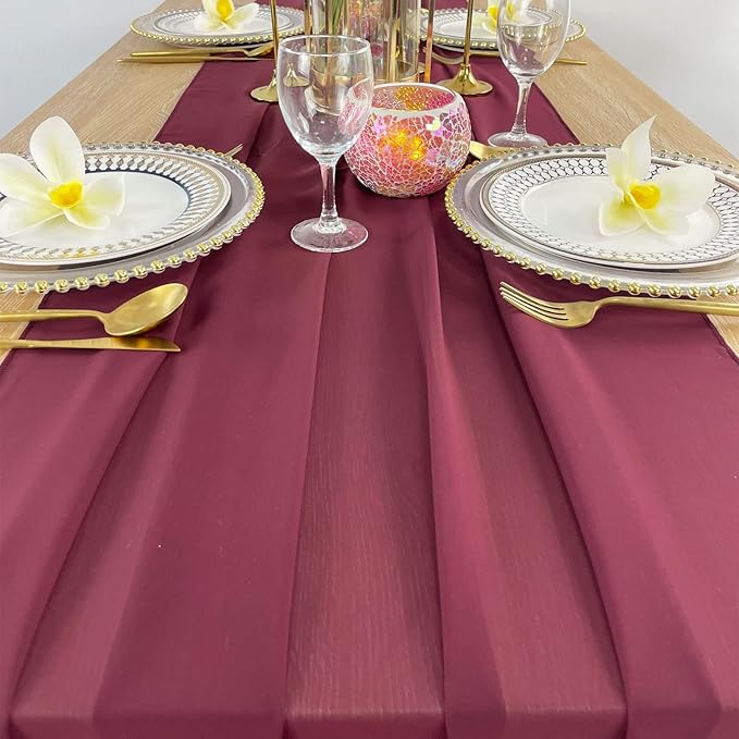 EHLDekol 10ft Chiffon Table Runners 29x120 inches Romantic Sheer Wedding Table Runner Top Table Bridal Party Decoration (Burgundy, 10ft)