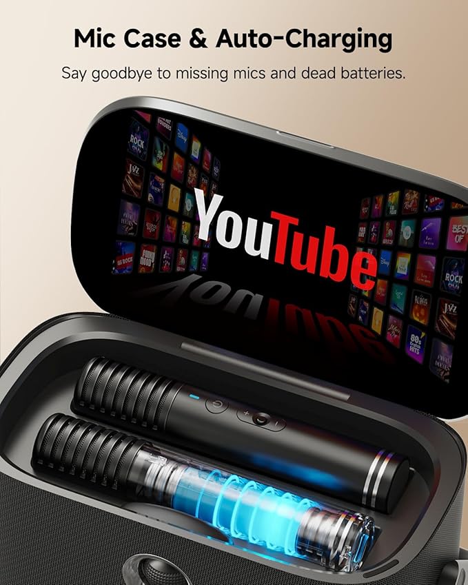 Ikarao Portable Karaoke Machine for Adults, Built-in Lyrics Display and Screen, 2 Self-Charging Wireless Microphones, Karaoke App, 140W Speaker, Connects to TV for Home Party Birthday Outdoor Camping