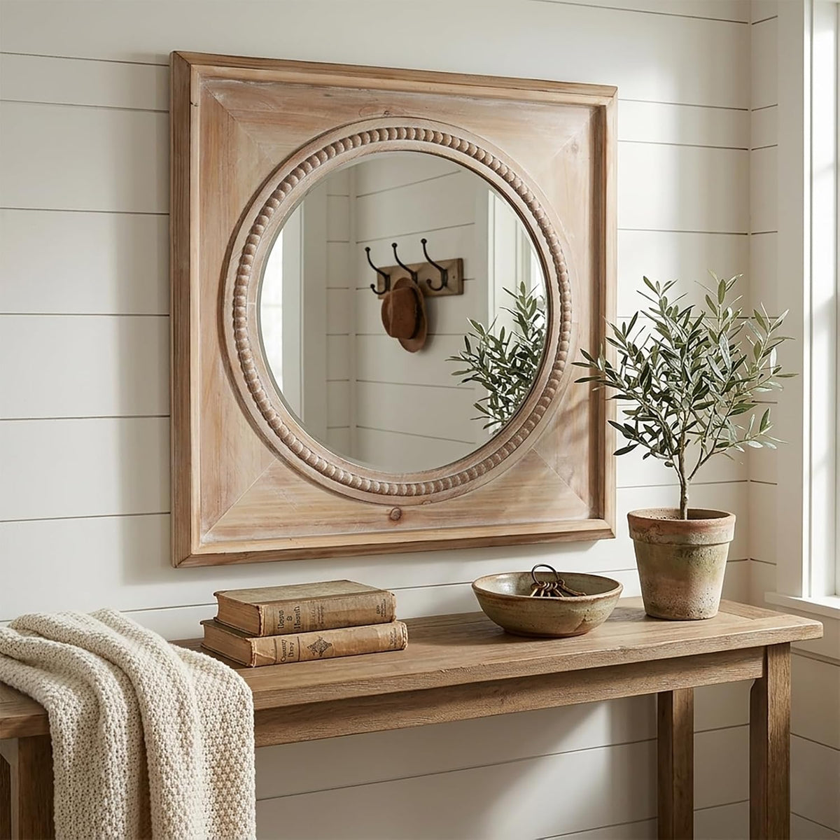 rustic square wood wall mirror with beaded trim showing dimensions
