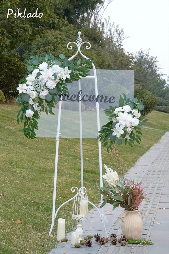 Faux Flower Swag Set of 2 for Wedding Welcome Signs Floral Swag Wedding Reception Ceremony Signs Decor (White & Green)