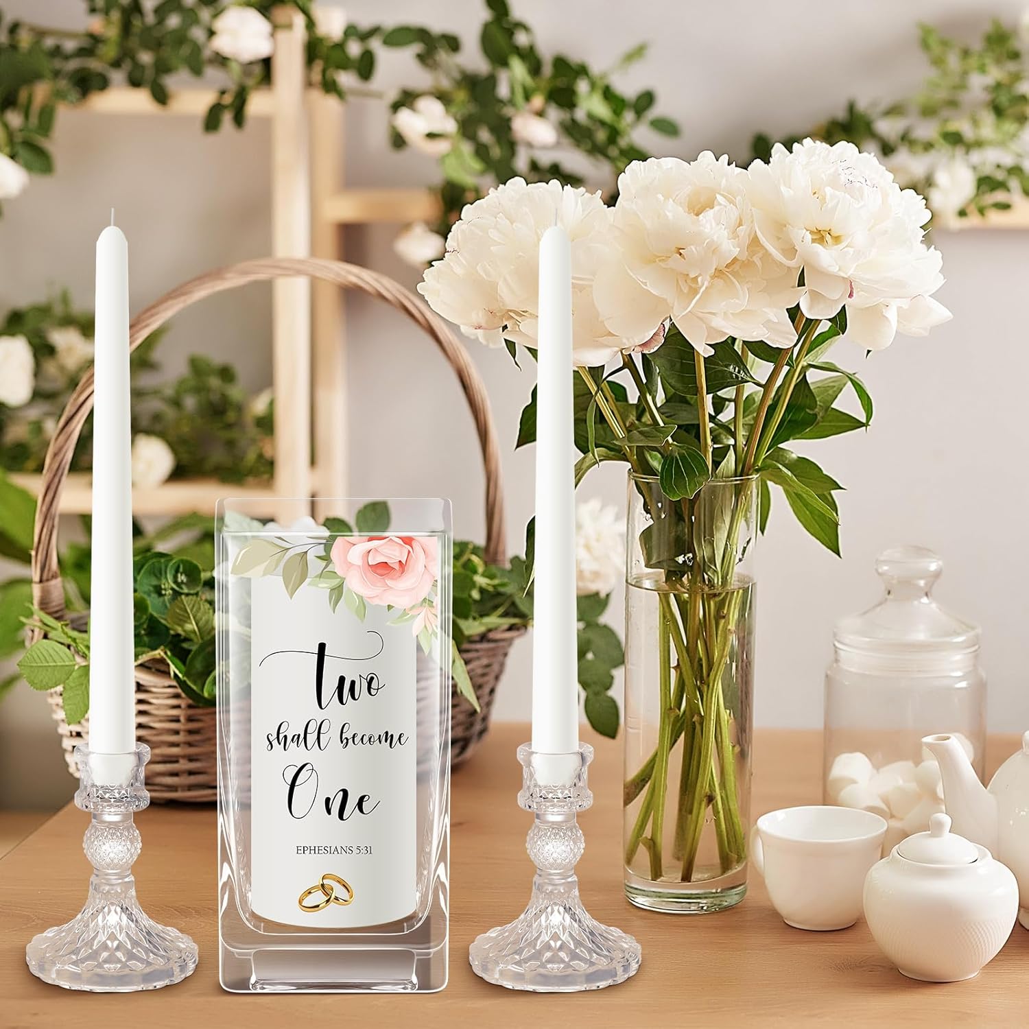 FoldTier Unity Candles with Holder for Wedding Ceremony Set 1 6" Pillar 2 9.8'' Taper Candles 3 Candlestick for Religious Formal Events Church(Flower)