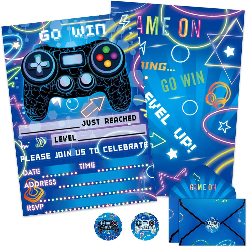 WERNNSAI Video Game Party Invitation - 24 Set Fill-in Blue Gaming Birthday Invitation Cards with Envelopes Sticker for Boys Kids Double-Sided Printed Game On Invitations for Celebration Party Supplies