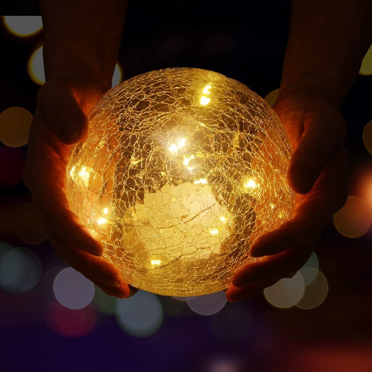 6 Inches Crackle Globe LED Lamp Battery Operated with Timer, Gold Mercury Crackled Glass Ball Light with Bottom Switch for Festival Christmas Decoration, Home Living Room Indoor