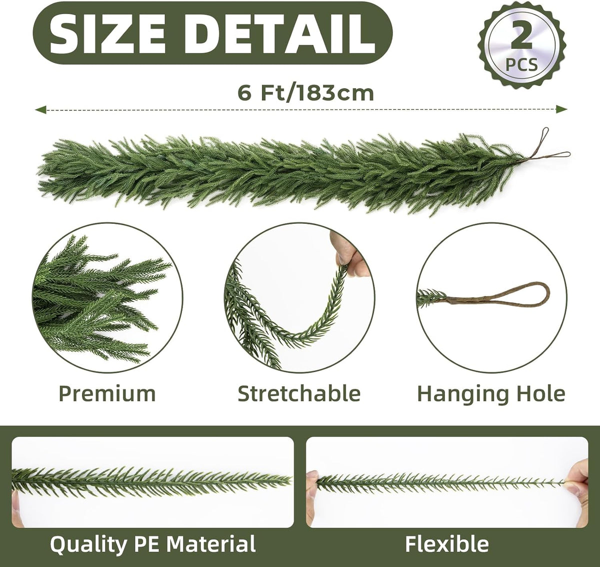 cleangor 2pcs 6ft norfolk pine garlands for christmas shown in use