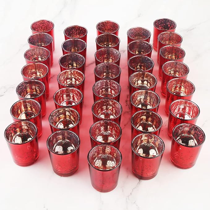 Red Mercury Glass Tea Light Holders Set of 36 - Elegant Votive Candle Holders for Weddings, Showers and Home Decor - Perfect for Table Centerpieces and Parties (Glass, Red)
