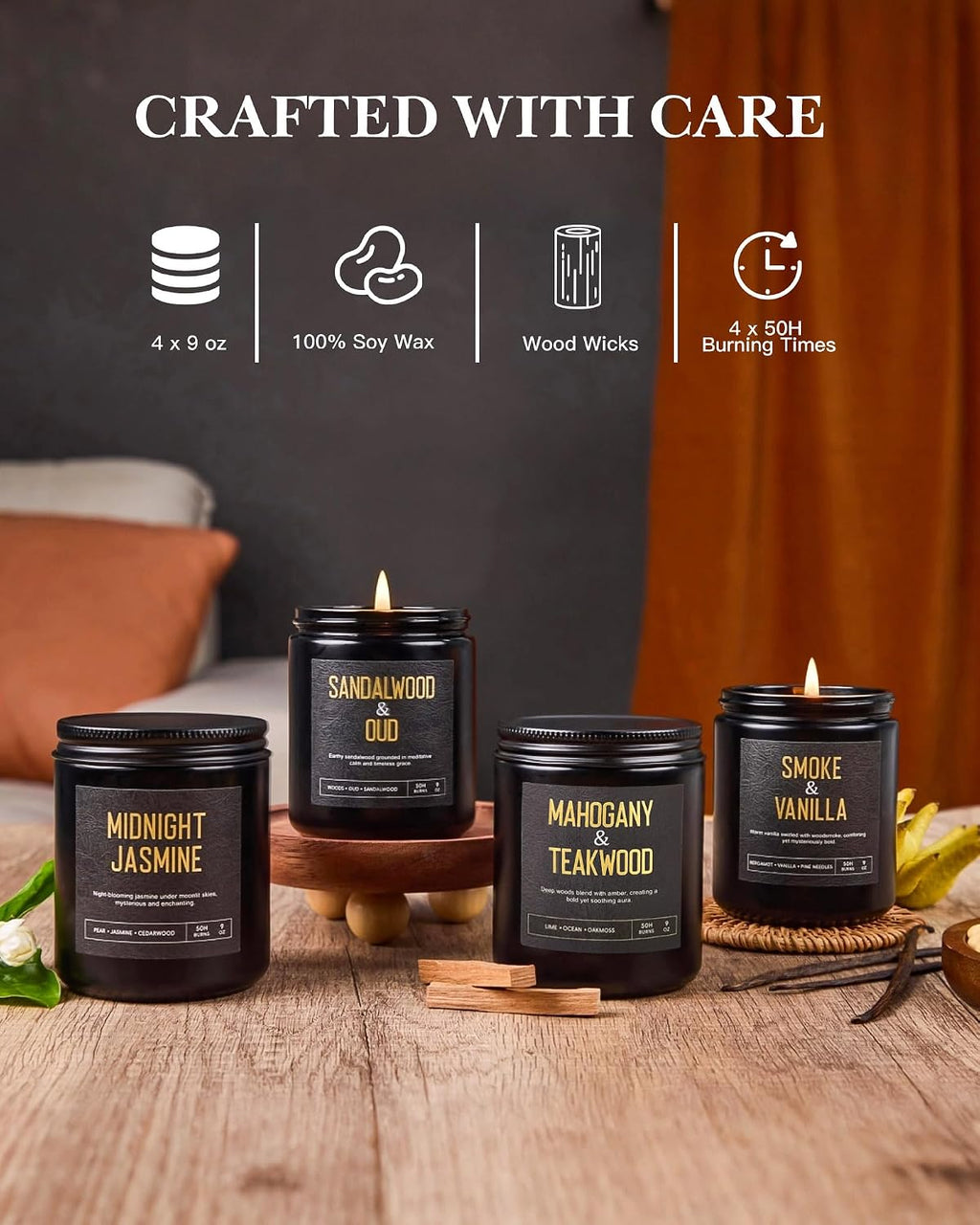 Men's Scented Candles Gift Set, 4 Jar Wood Wick Soy Wax Candles for Home | 200 Hour Burn, Mahogany & Teakwood, Smoke & Vanilla, Midnight Jasmine, Sandalwood Oud Scented Candle, Gifts for Men