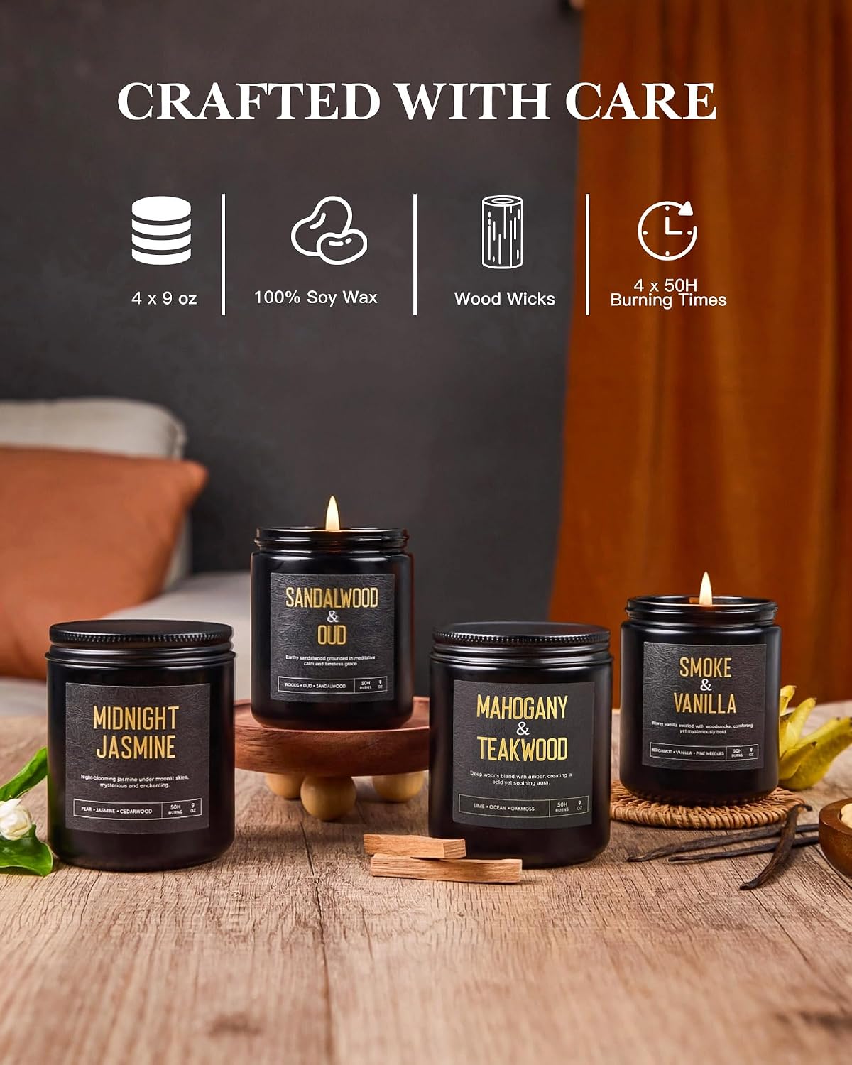 Men's Scented Candles Gift Set, 4 Jar Wood Wick Soy Wax Candles for Home | 200 Hour Burn, Mahogany & Teakwood, Smoke & Vanilla, Midnight Jasmine, Sandalwood Oud Scented Candle, Gifts for Men