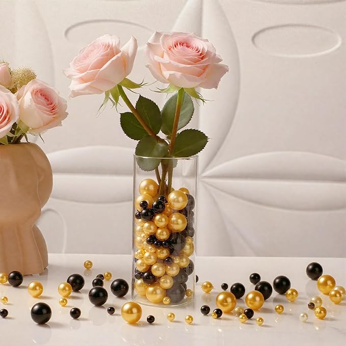 200 Pcs Vase Filler Beads Black and Gold Pearl Beads for Vase No Hole Pearls for Centerpieces Vases Home Table Party Decor Wedding DIY 8/14/20mm
