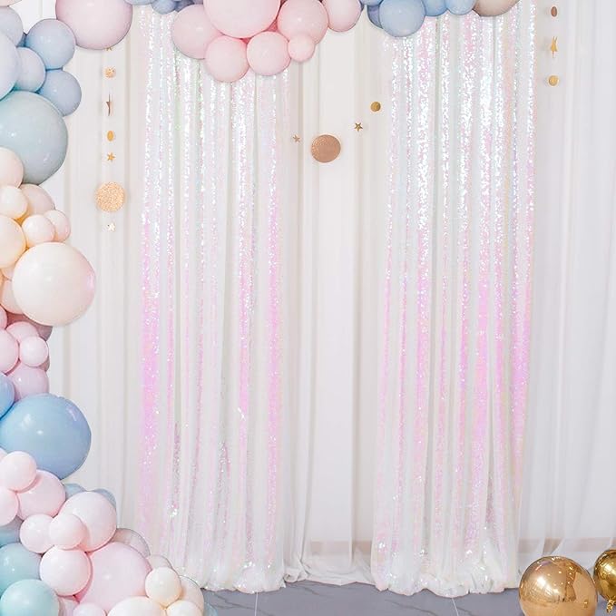 ShinyBeauty 2PCS 4x7FT Iridescent White Sequin Backdrops| Sparkle Photo Background for Parties & Events | Elegant & Durable Shimmer Backdrop Curtain Panels