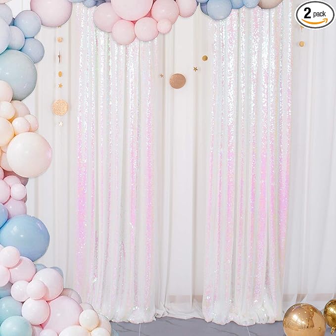 ShinyBeauty Sequin Backdrop 2FTx8FT Iridescent White 2 Pieces White Sequin Back Drop Glitter Background Sparkly Backdrop for Photograph Decorations