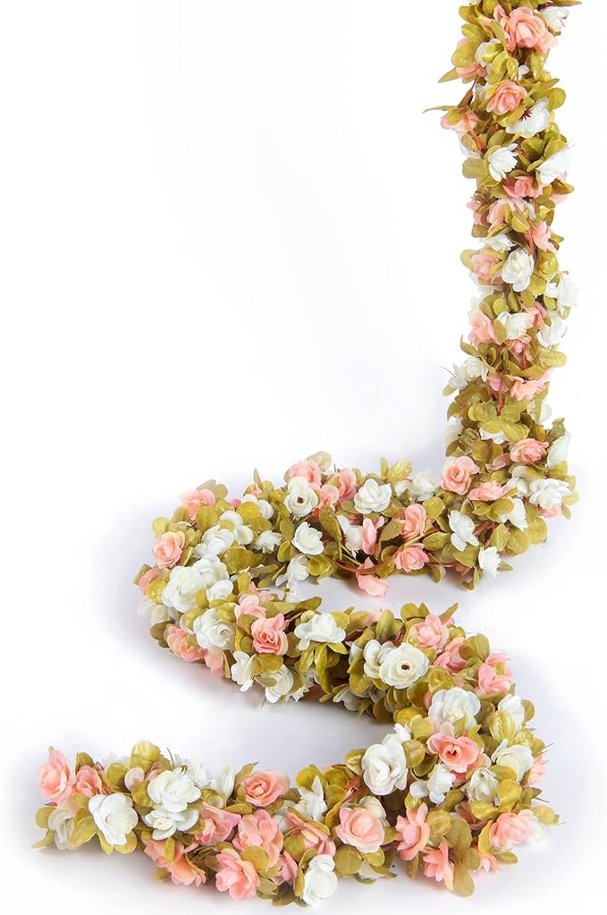 8 Pcs x 8.2 ft Flower Garland Artificial Rose Vine Flowers with Green Leaves Hanging Fake Roses Vine for Room Party Home Wedding Birthday Christmas Wall Arch Decor, Pink White Flower