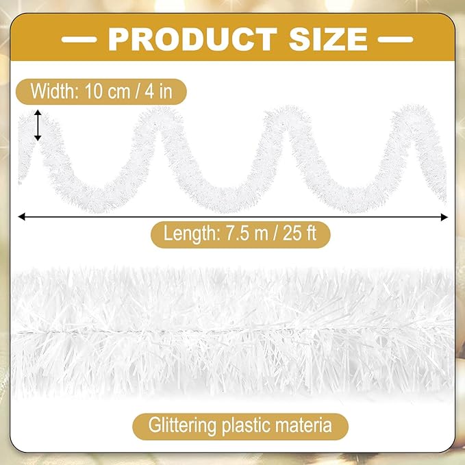 Macaron 25ft Metallic Twist Tinsel Garland - Wall Hanging Backdrop for Christmas Eve, New Year & Valentine's Day Parties (White, 4in x 25ft)