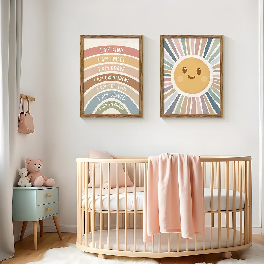 2 Piece Framed Boho Rainbow Kids Room Wall Art 12x16 Inch | Positive Affirmations Playroom Wall Decor, Sun Smiley Face Nursery Painting Canvas Prints for Classroom Toddler Room Decor