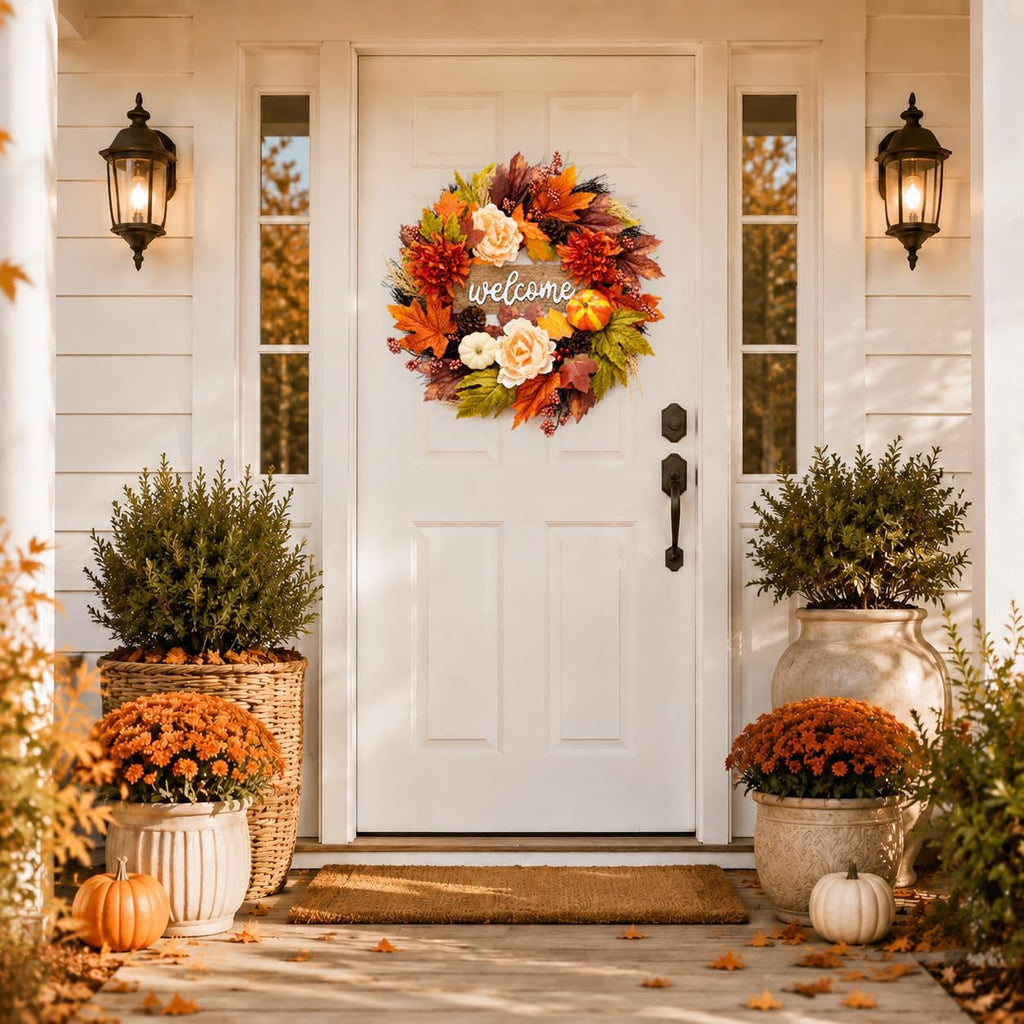 24 inch fall wreaths for front door, autumn on a desk or shelf