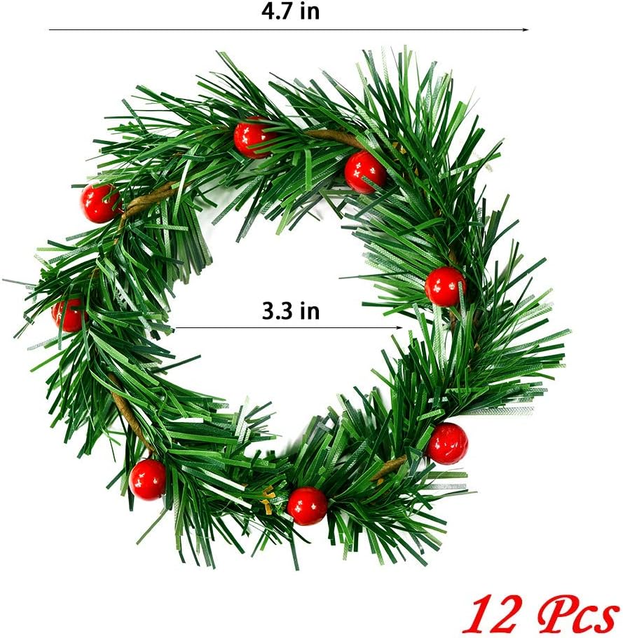 YBB 12Pcs Christmas Candle Rings, Small Artificial Red Berry Wreath Candle Holder Rings, Fits 3 Inch Pillars Candle Tapers for Rustic Wedding Centerpiece Christmas Table Decoration