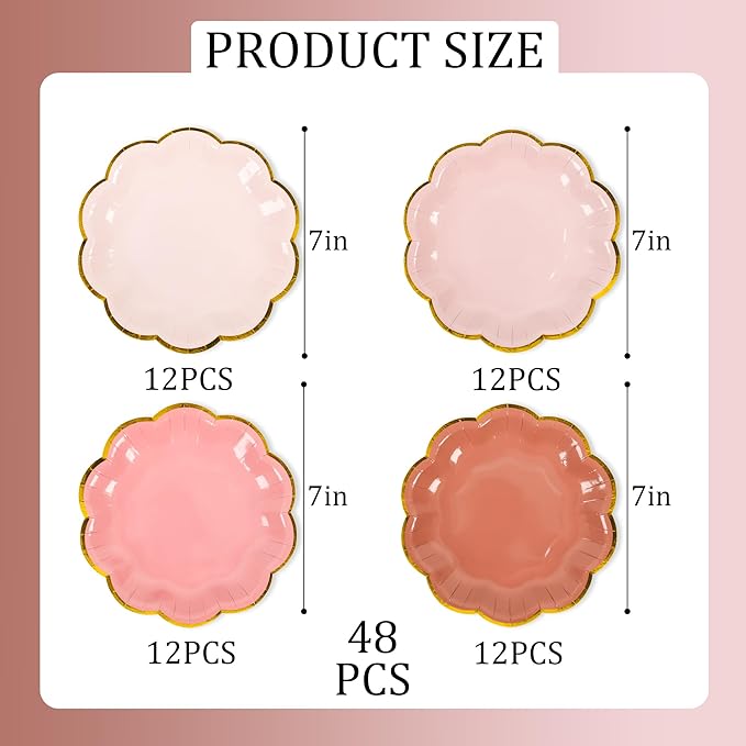 Dusty Pink Gradient Color Dessert Paper Plates, 7 inch Gold Foil Scalloped Edge, Disposable Cake Plates for Tea Party, Birthday, Baby Shower, Wedding Party Supplies (48, Dusty Pink)