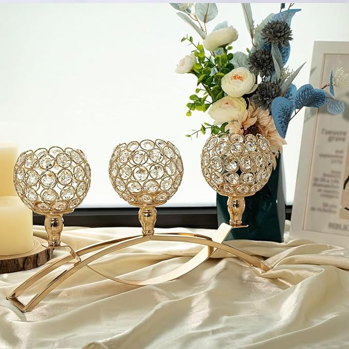 VINCIGANT 4Pcs Christmas Table Decoration Gold Bulk Decorative Tealight Candle Holder for Wedding,3-Candle Candelabras for Christmas Party Dinning Room Table Centerpiece,Gift Boxed for Thanksgiving