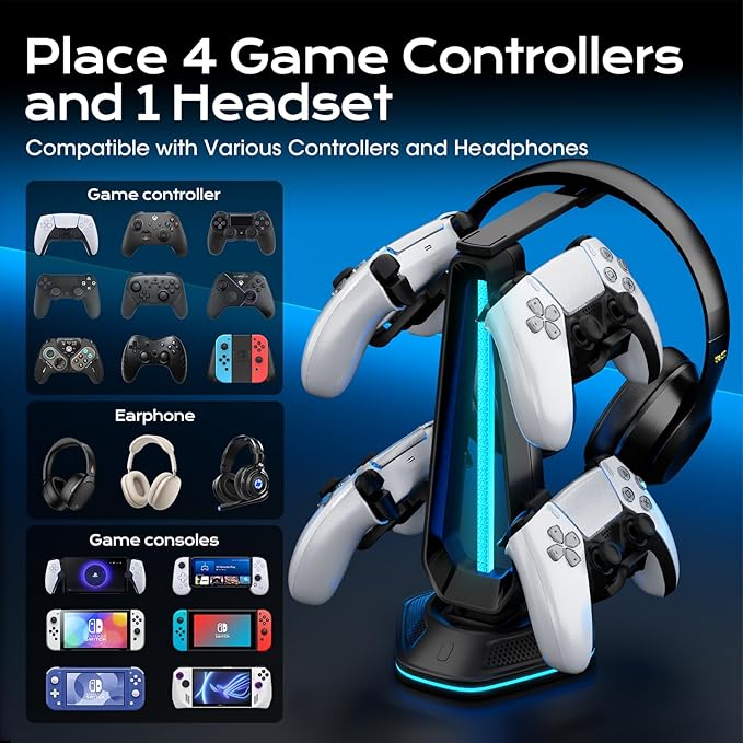 Saitake RGB Headset Stand with 9 Light Modes,Controller Holder for Desk with 2 USB Charging Ports,Suitable for All Headphones and Controllers,Can Simultaneously Place 1 Headset and 4 Controllers