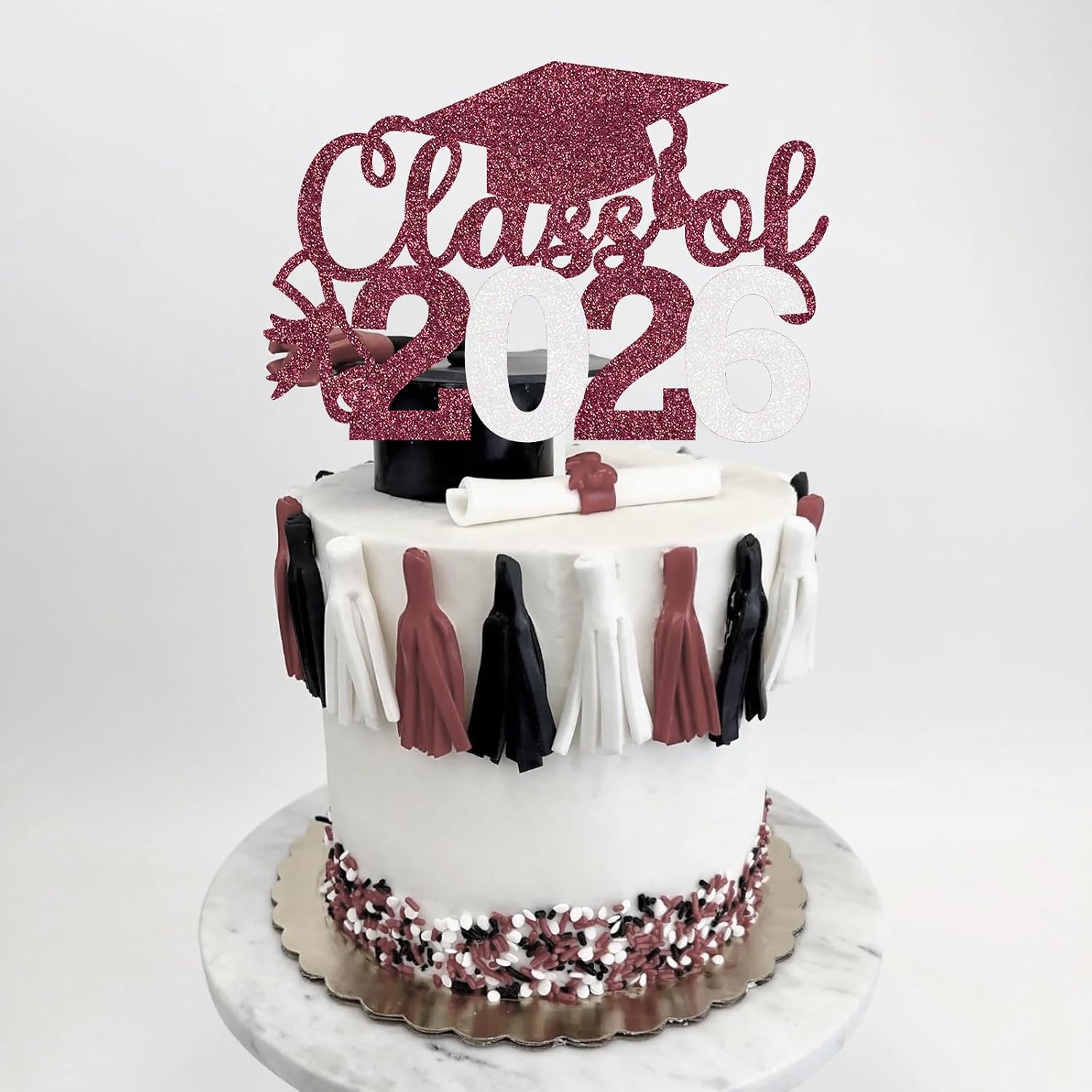 Graduation Cake Topper 2026 Grad Party Decoration Glitter Cap Diploma Food Picks Table Ideas Maroon White