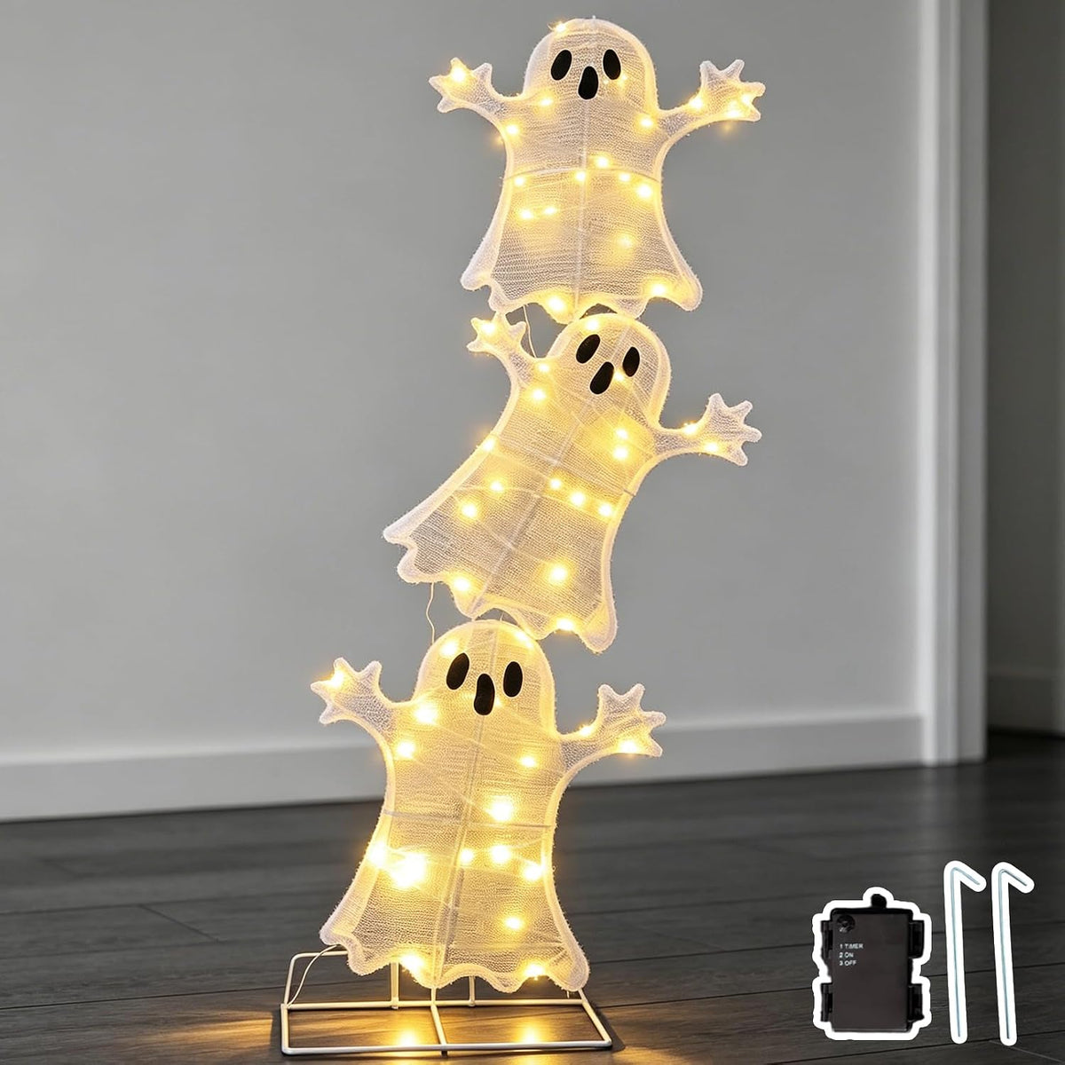 halloween decorations lighted 3 stacked ghosts, freestanding led, main product view