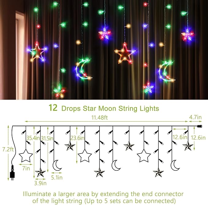 PUHONG Christmas String Lights, 138 LEDs Curtain Lights with 8 Light Modes, 11.48FT Star Moon Indoor Outdoor Fairy String for Window, Bedroom, Wall, Home, Ramadan, Christmas Decoration - Multicolored