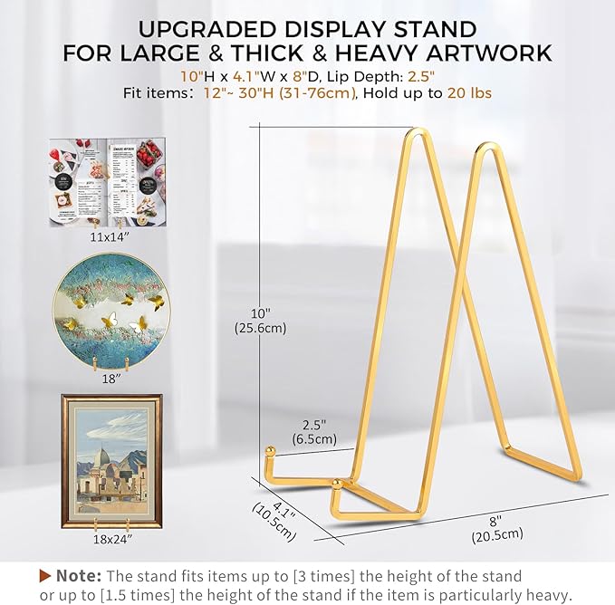 Large Plate Holder Display Stand - 10 inch Tall Plate Stands for Display - Metal Picture Frame Stand - Big Tabletop Easel Stand for Decorative Plates | Platter | Book | Plaque | Tile - 2 Pack - Gold
