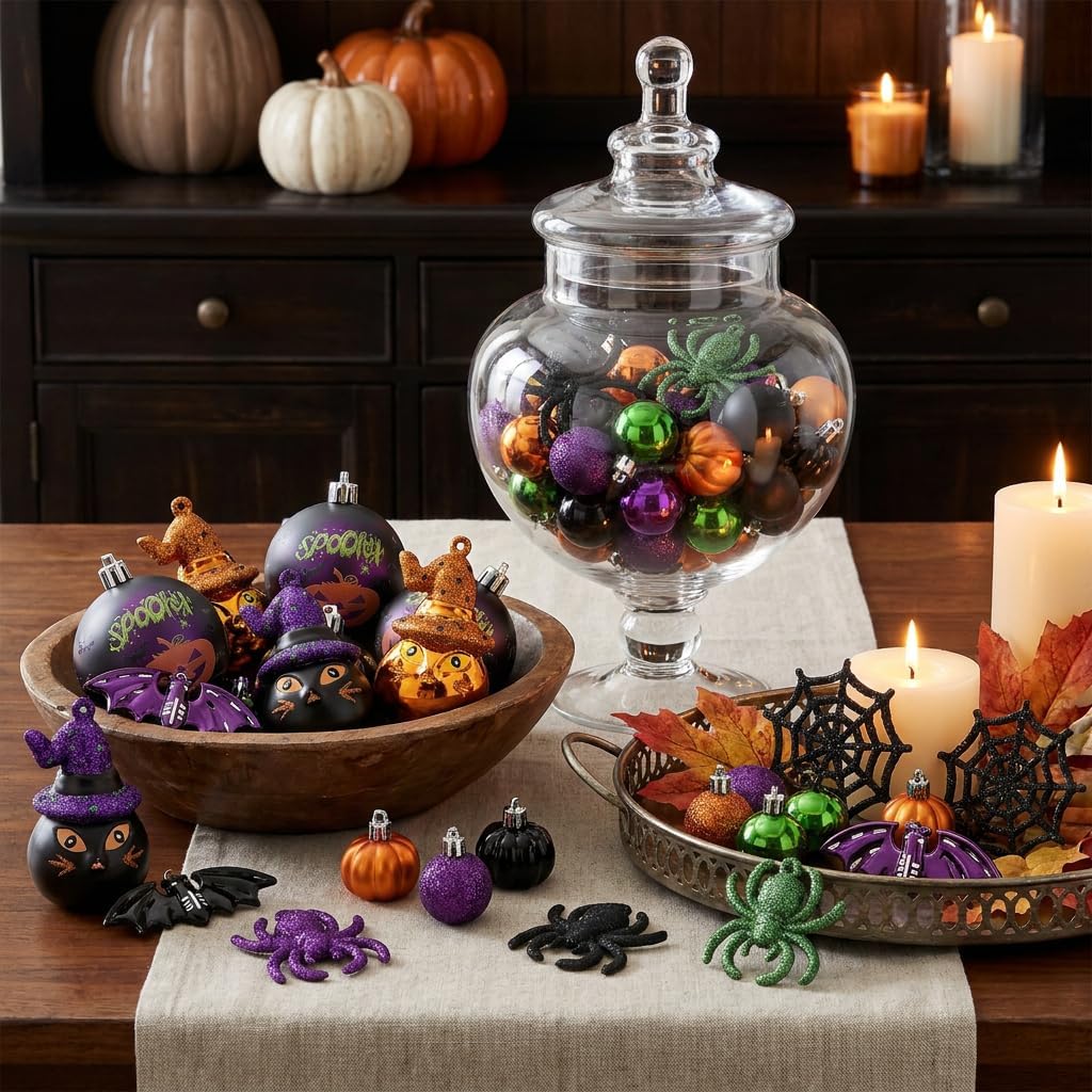 Valery Madelyn 35ct Halloween Ornaments Shatterproof Tree Decoration Indoor | Cats Jack-o'-Lantern Pumpkin Vintage Variety Hanging Ball Ornaments Set for Small Tree, Cute Holiday Party Home Decor