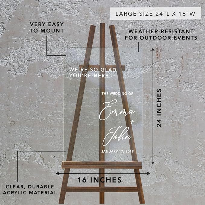 Andaz Press Custom Large Wedding Acrylic Sign, 16 X 24 Inches, So Glad You'Re Here, Personalized Sign, Welcome Sign For Modern Wedding Theme Wedding Welcome Sign