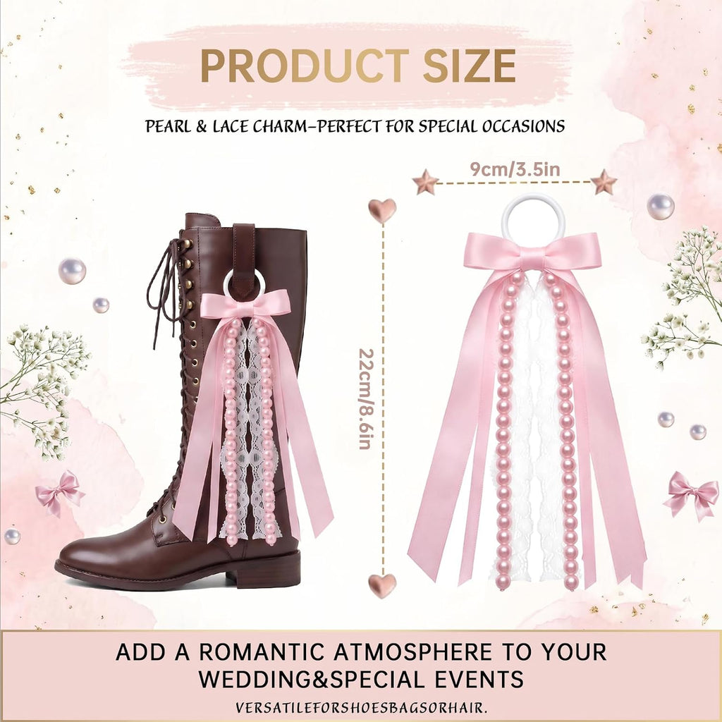 Pink Ribbon Bow Boot Bows for Cowgirl Boots, Pink Satin Ribbons with Glitter Pearl Lace Buffalo Plaid Boot Bows Holiday Birthday School Accessory Decor Pink Pearl
