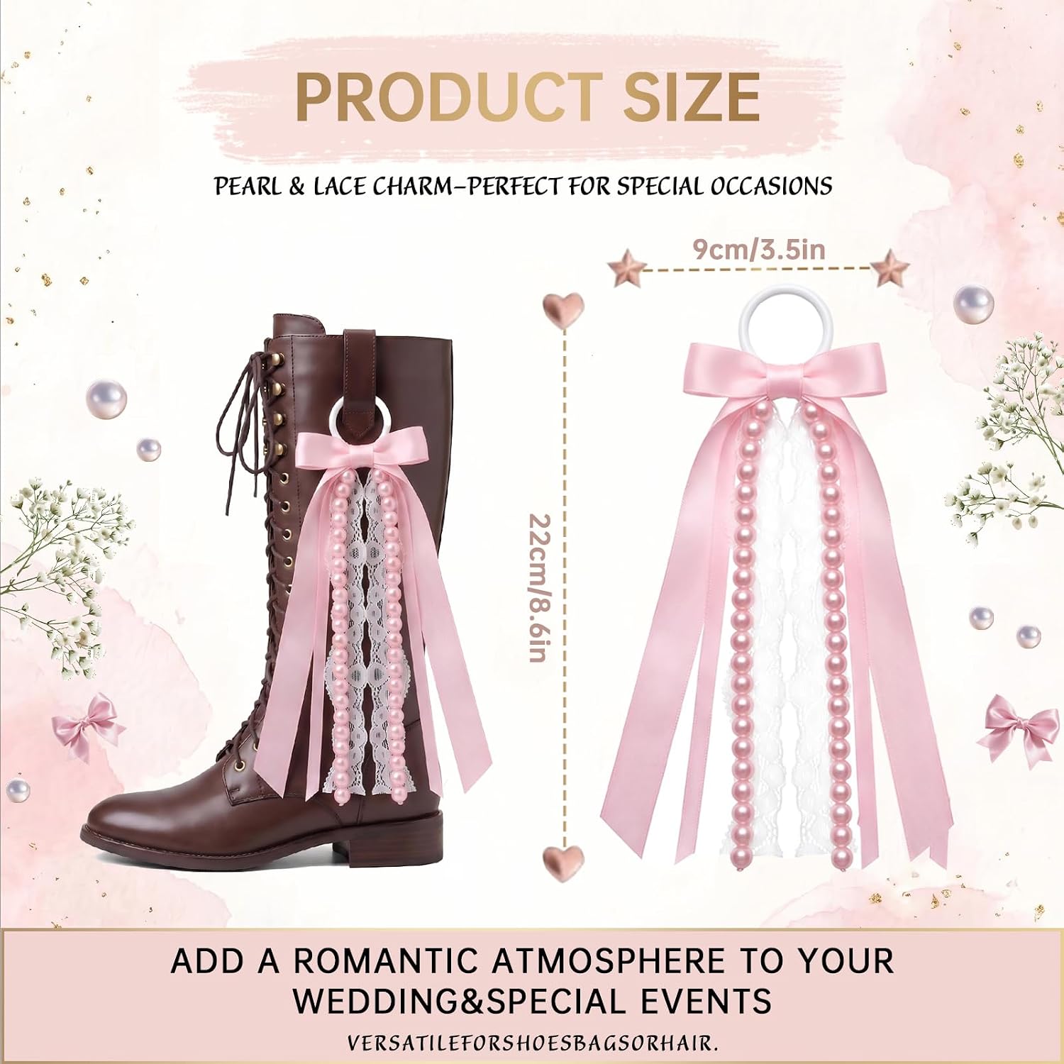 Pink Ribbon Bow Boot Bows for Cowgirl Boots, Pink Satin Ribbons with Glitter Pearl Lace Buffalo Plaid Boot Bows Holiday Birthday School Accessory Decor Pink Pearl