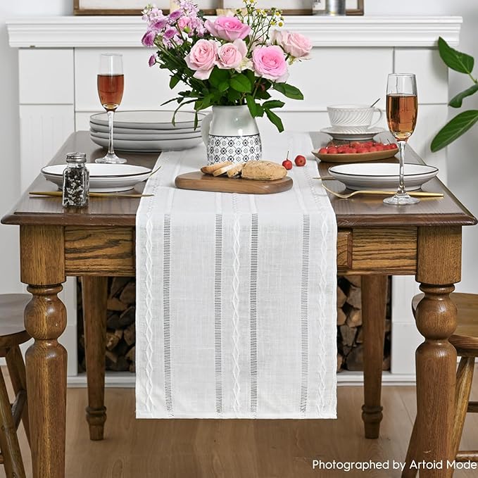 Artoid Mode Rustic Cotton Linen Table Runner, Seasonal Embroidered Hollow Kitchen Dining Table Decoration for Home Party Decor 13x36 Inch