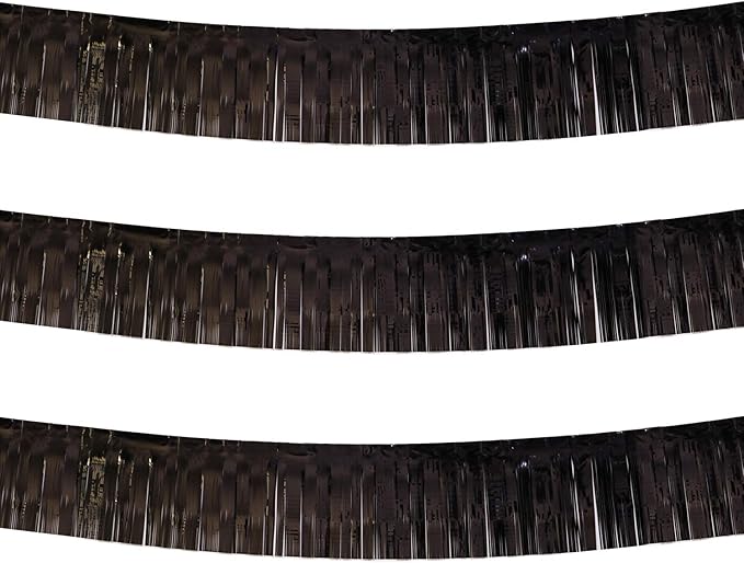Thick 10 Feet by 15 Inch Black Foil Fringe Garland - Pack of 3 - Shiny Metallic Tinsel Banner for Parade Floats, Easter Day, Halloween, Christmas | Wall Hanging Drapes (3)